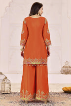 Red Orange Chinon Silk Palazzo Suit For Indian & Pakistani Wedding Festival - Sequence Embroidery Work, Dori Work, Moti Work