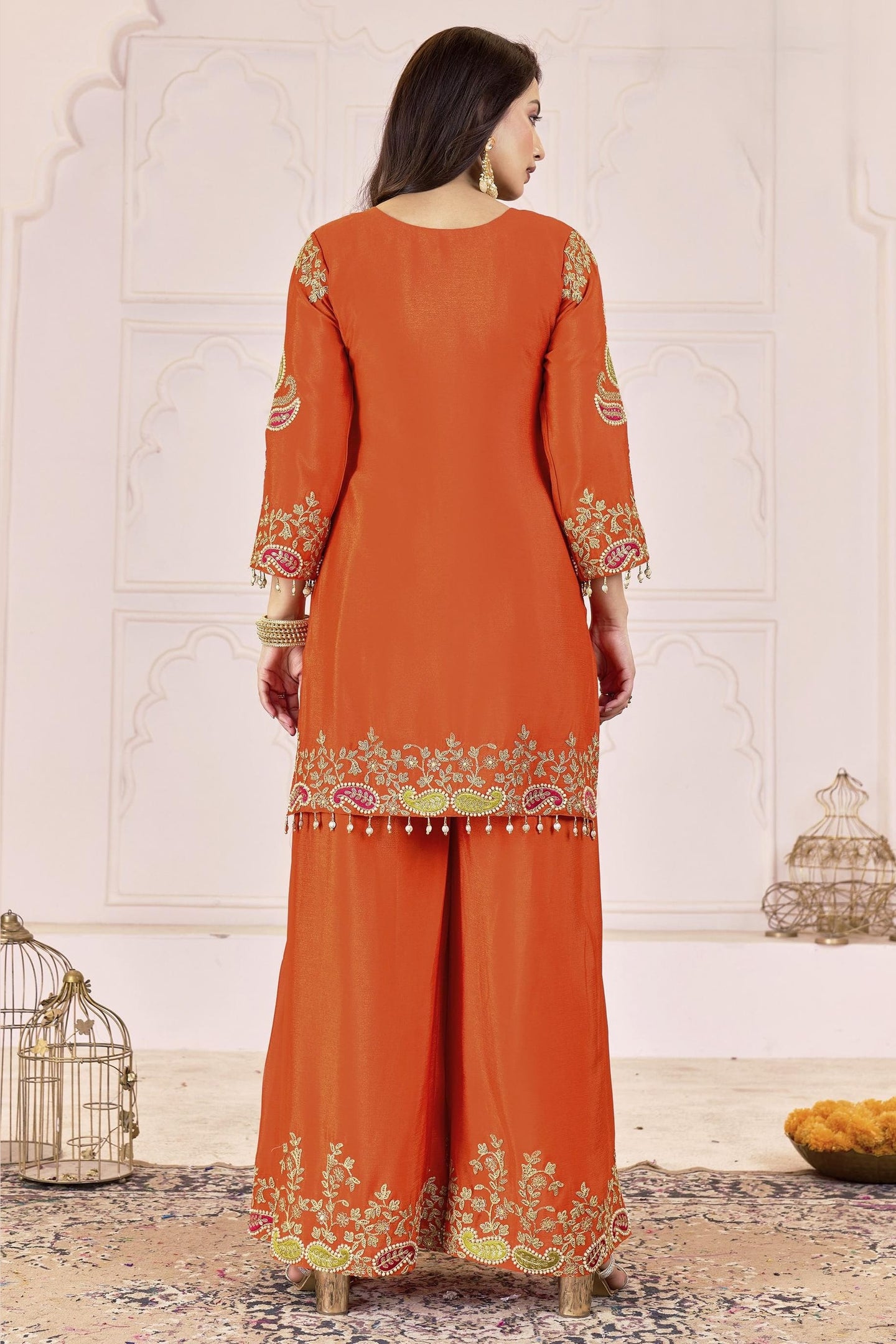 Red Orange Chinon Silk Palazzo Suit For Indian & Pakistani Wedding Festival - Sequence Embroidery Work, Dori Work, Moti Work