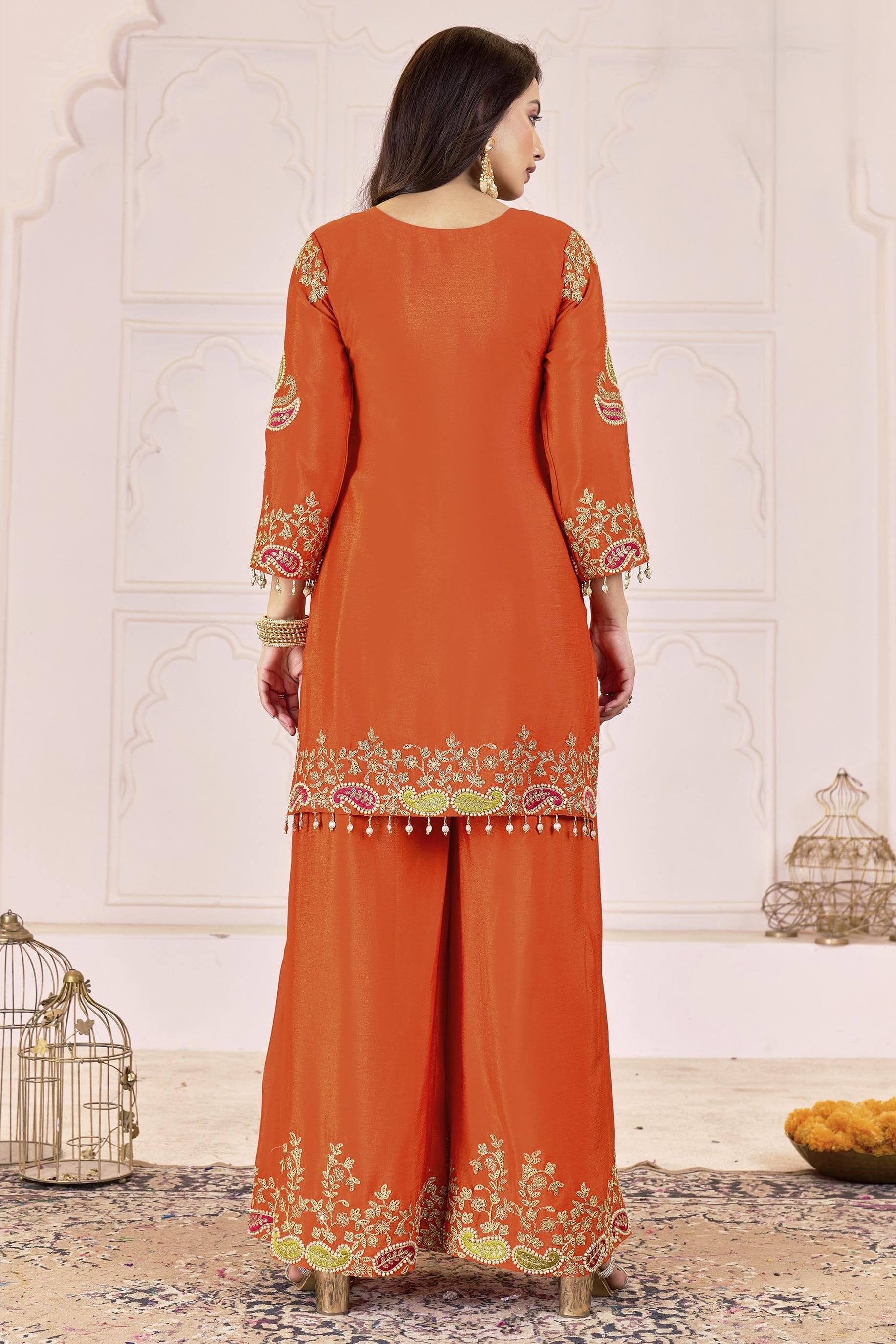 Red Orange Chinon Silk Palazzo Suit For Indian & Pakistani Wedding Festival - Sequence Embroidery Work, Dori Work, Moti Work