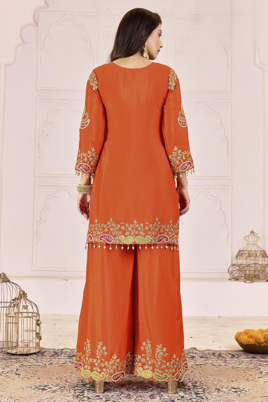 Red Orange Chinon Silk Palazzo Suit For Indian & Pakistani Wedding Festival - Sequence Embroidery Work, Dori Work, Moti Work