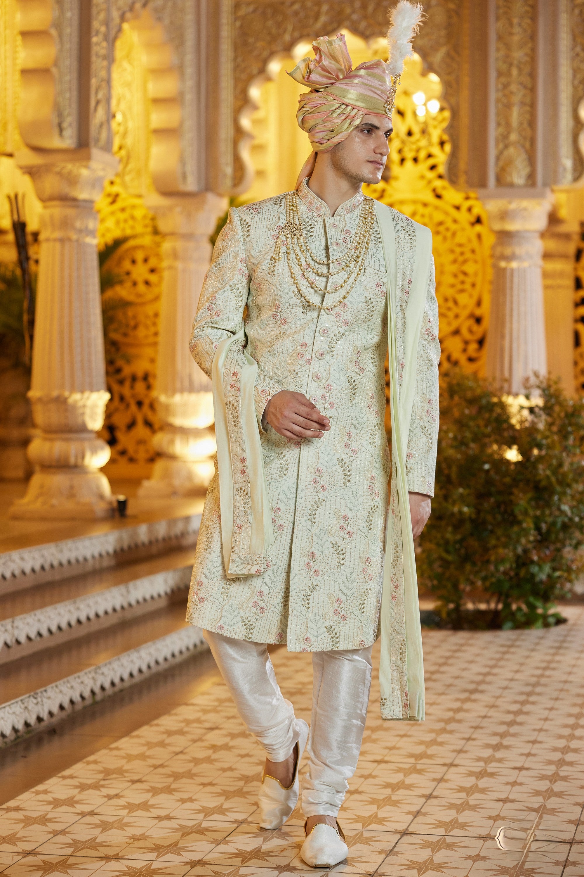 Pista Green Art Silk Traditional Indo Western Sherwani Long Kurta with Pant & Dupatta for Men for Wedding - Embroidery Work