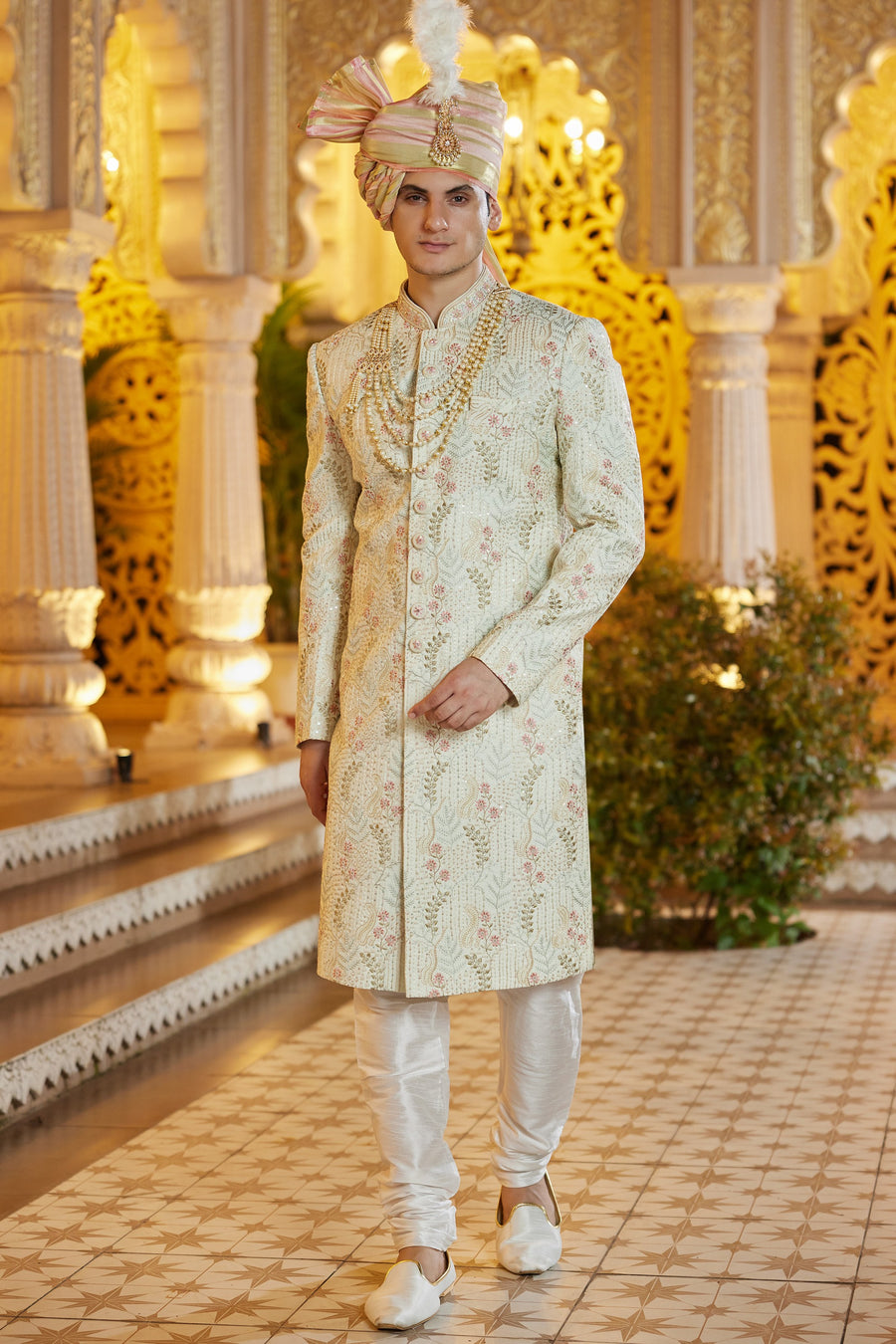 Pista Green Art Silk Traditional Indo Western Sherwani Long Kurta with Pant & Dupatta for Men for Wedding - Embroidery Work