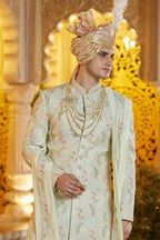 Pista Green Art Silk Traditional Indo Western Sherwani Long Kurta with Pant & Dupatta for Men for Wedding - Embroidery Work