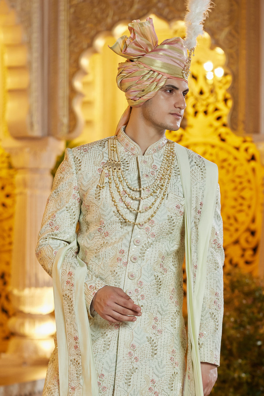 Pista Green Art Silk Traditional Indo Western Sherwani Long Kurta with Pant & Dupatta for Men for Wedding - Embroidery Work