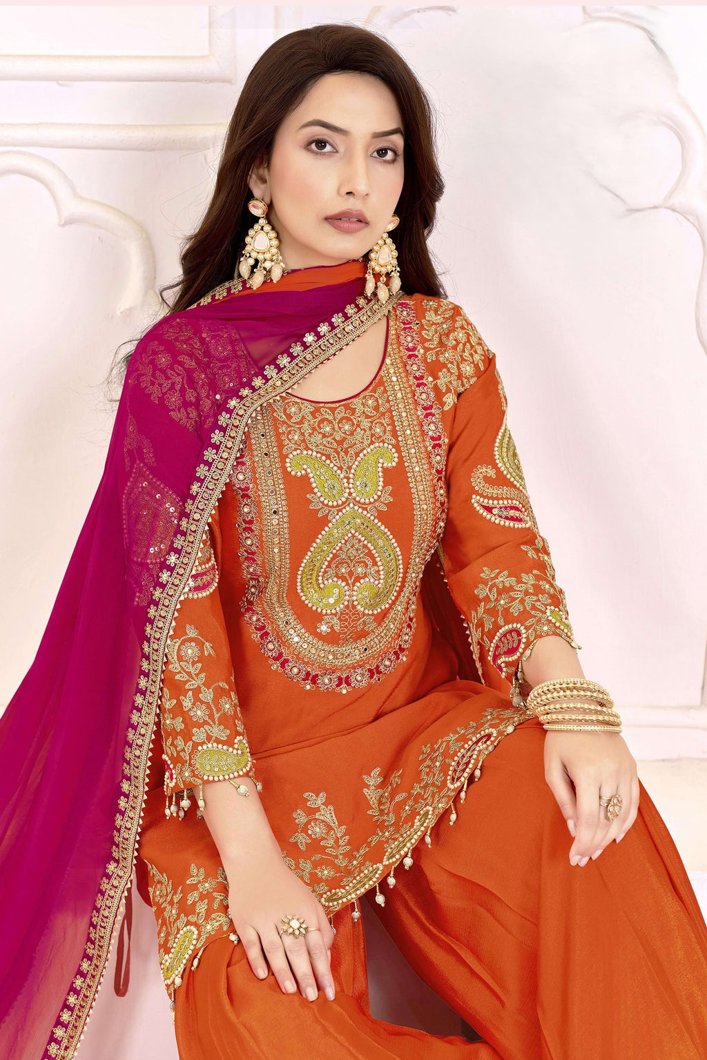Red Orange Chinon Silk Palazzo Suit For Indian & Pakistani Wedding Festival - Sequence Embroidery Work, Dori Work, Moti Work