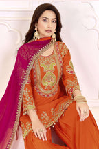 Red Orange Chinon Silk Palazzo Suit For Indian & Pakistani Wedding Festival - Sequence Embroidery Work, Dori Work, Moti Work