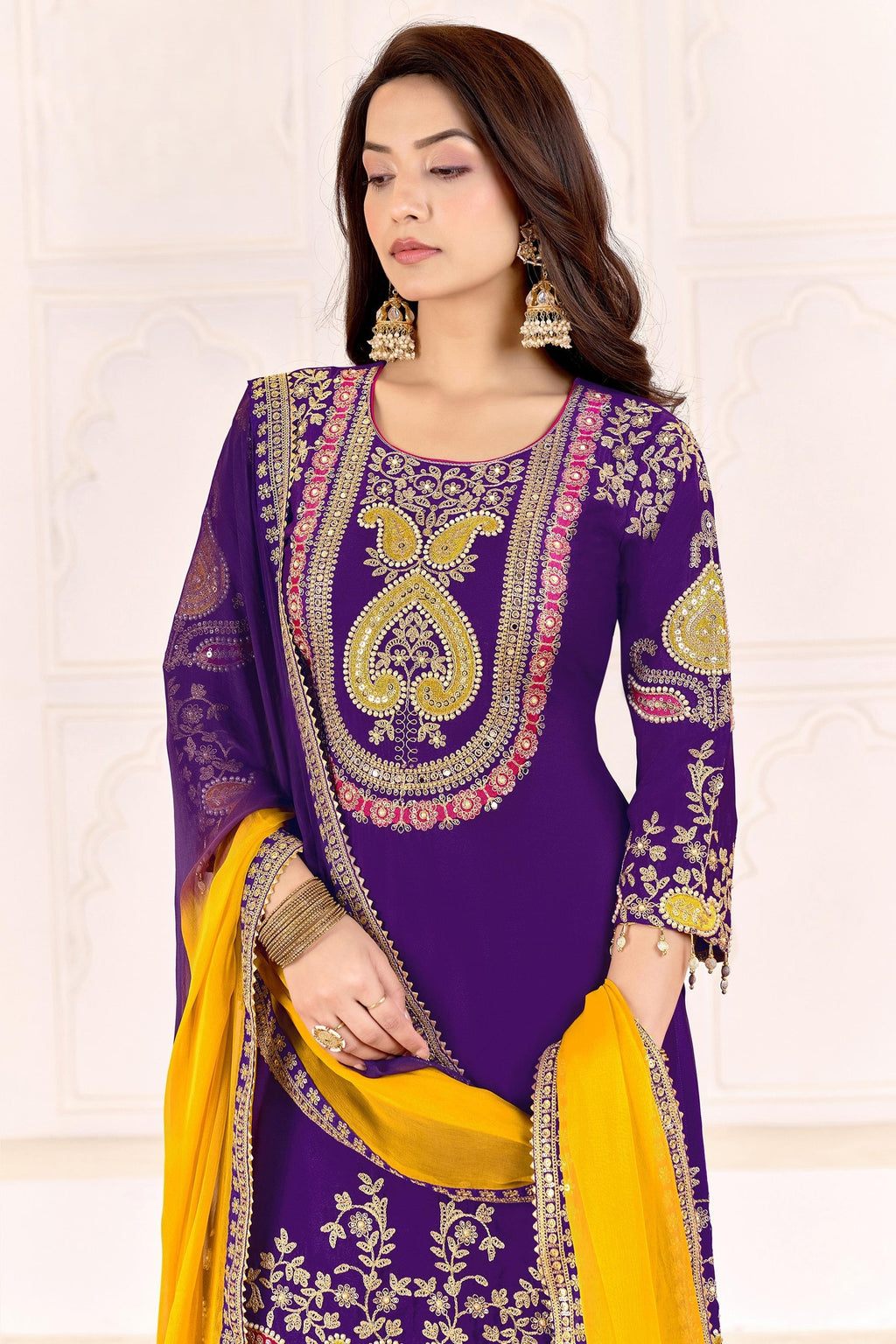 Purple Chinon Silk Palazzo Suit For Indian & Pakistani Wedding Festival - Sequence Embroidery Work, Dori Work, Moti Work