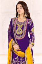 Purple Chinon Silk Palazzo Suit For Indian & Pakistani Wedding Festival - Sequence Embroidery Work, Dori Work, Moti Work