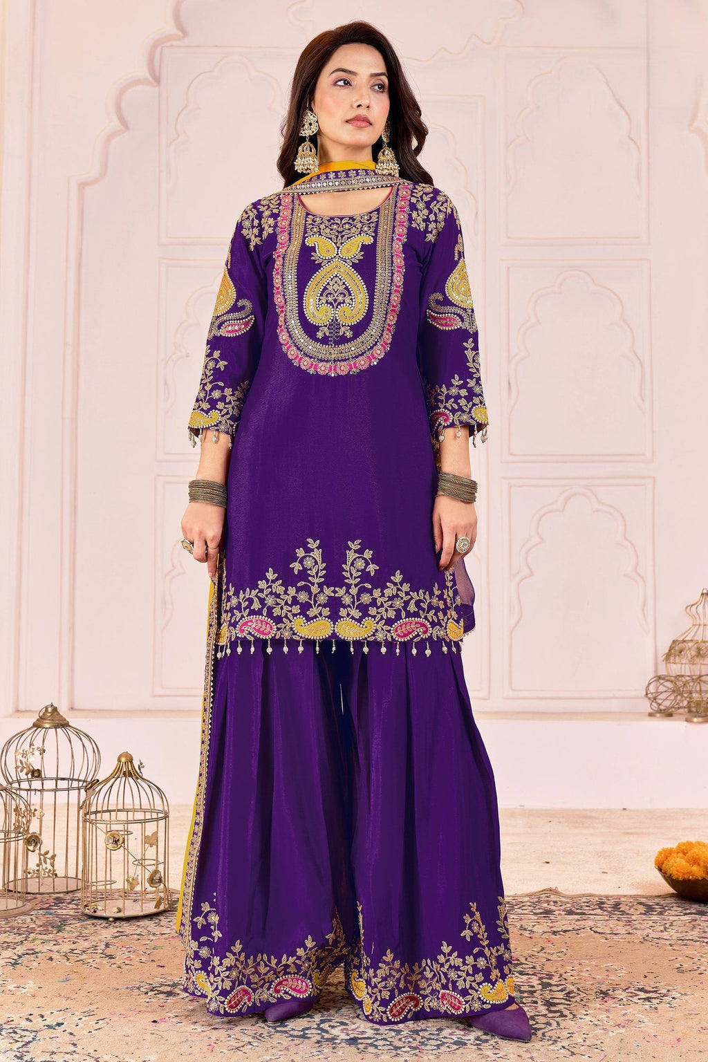 Purple Chinon Silk Palazzo Suit For Indian & Pakistani Wedding Festival - Sequence Embroidery Work, Dori Work, Moti Work