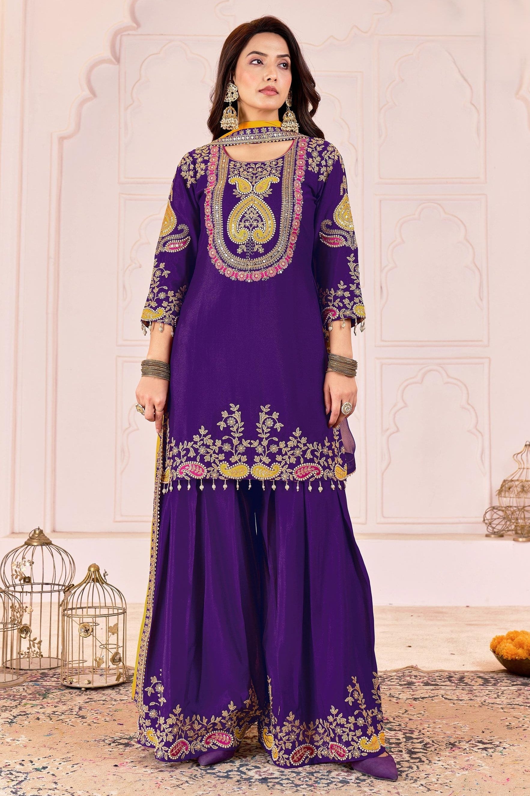 Purple Chinon Silk Palazzo Suit For Indian & Pakistani Wedding Festival - Sequence Embroidery Work, Dori Work, Moti Work