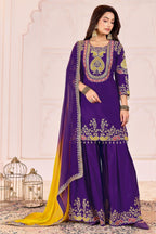 Purple Chinon Silk Palazzo Suit For Indian & Pakistani Wedding Festival - Sequence Embroidery Work, Dori Work, Moti Work