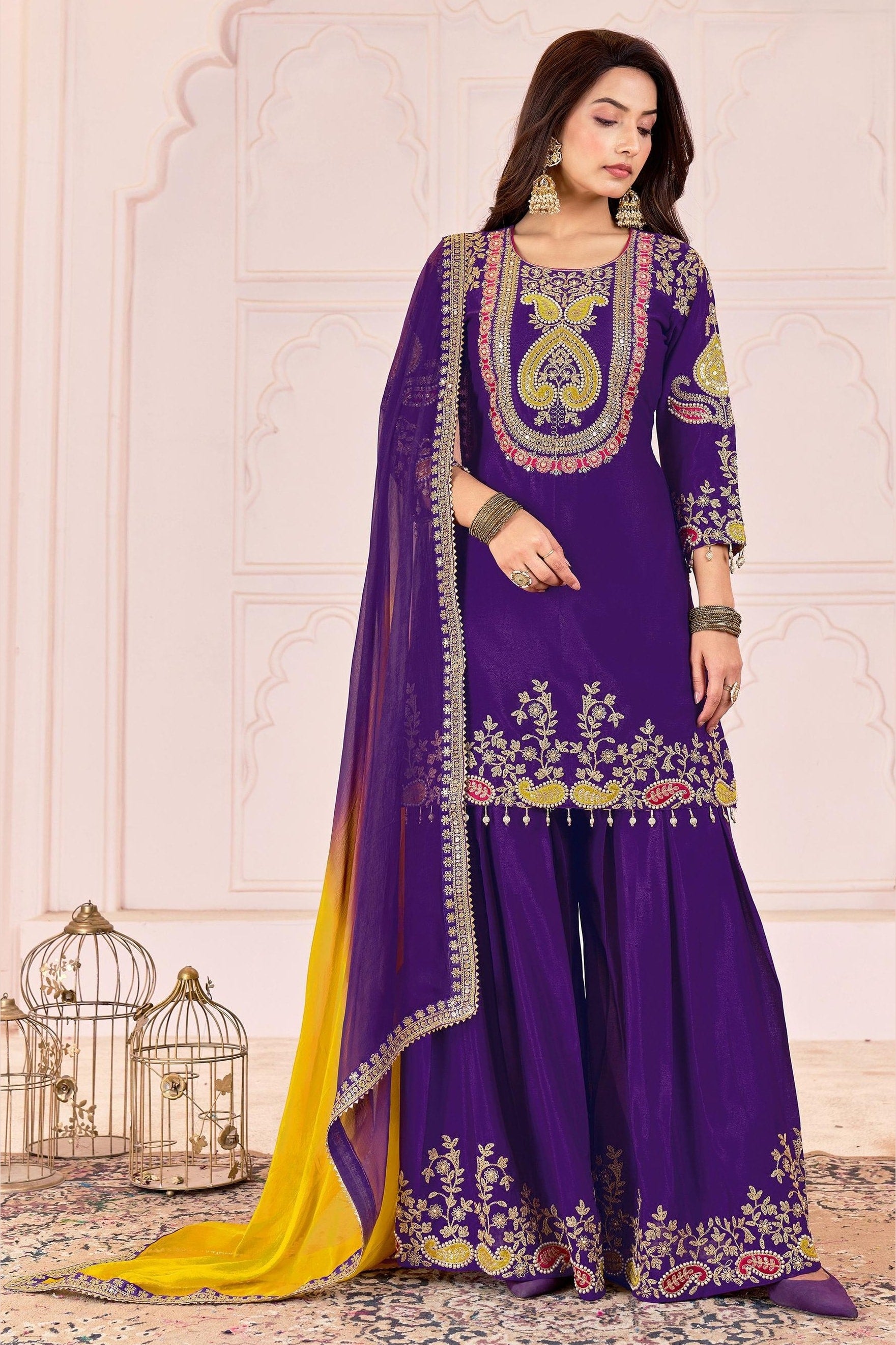 Purple Chinon Silk Palazzo Suit For Indian & Pakistani Wedding Festival - Sequence Embroidery Work, Dori Work, Moti Work