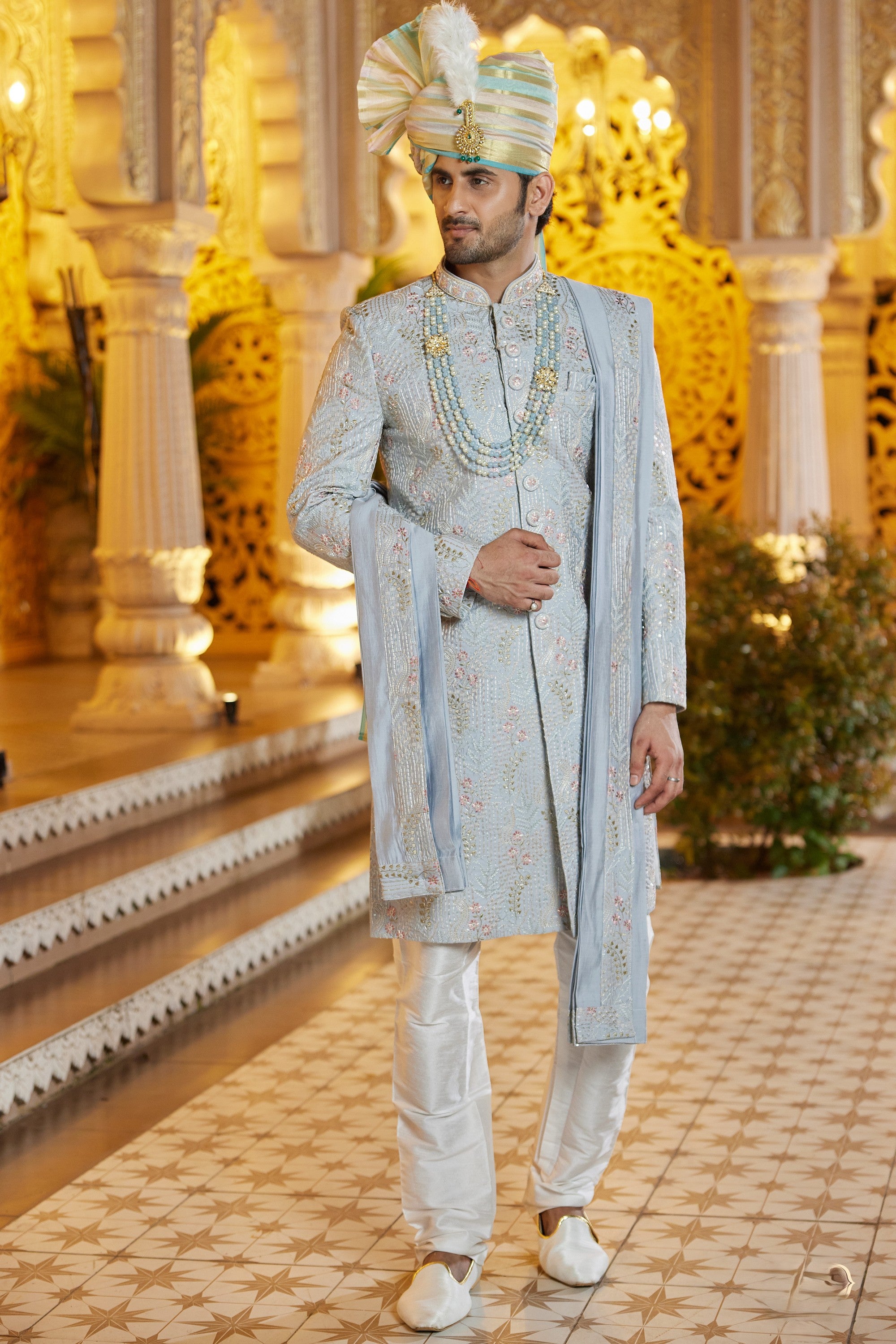 Gray Art Silk Traditional Indo Western Sherwani Long Kurta with Pant & Dupatta for Men for Wedding - Embroidery Work
