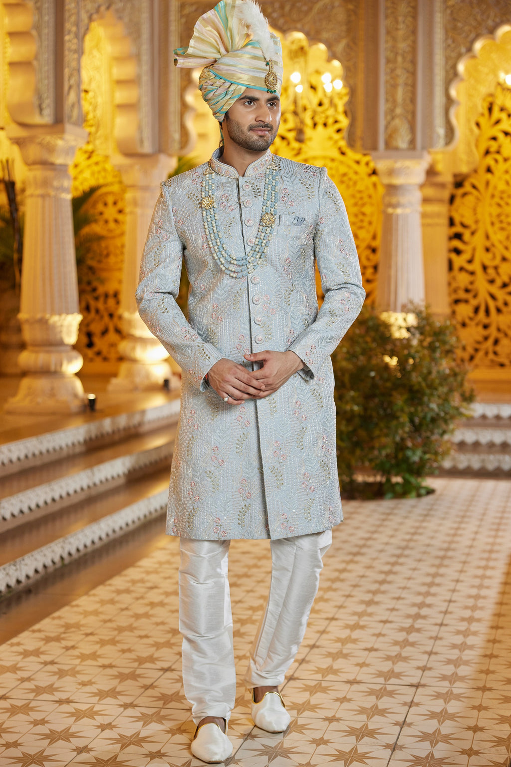 Gray Art Silk Traditional Indo Western Sherwani Long Kurta with Pant & Dupatta for Men for Wedding - Embroidery Work
