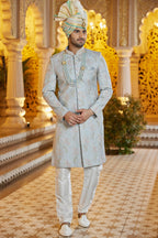 Gray Art Silk Traditional Indo Western Sherwani Long Kurta with Pant & Dupatta for Men for Wedding - Embroidery Work