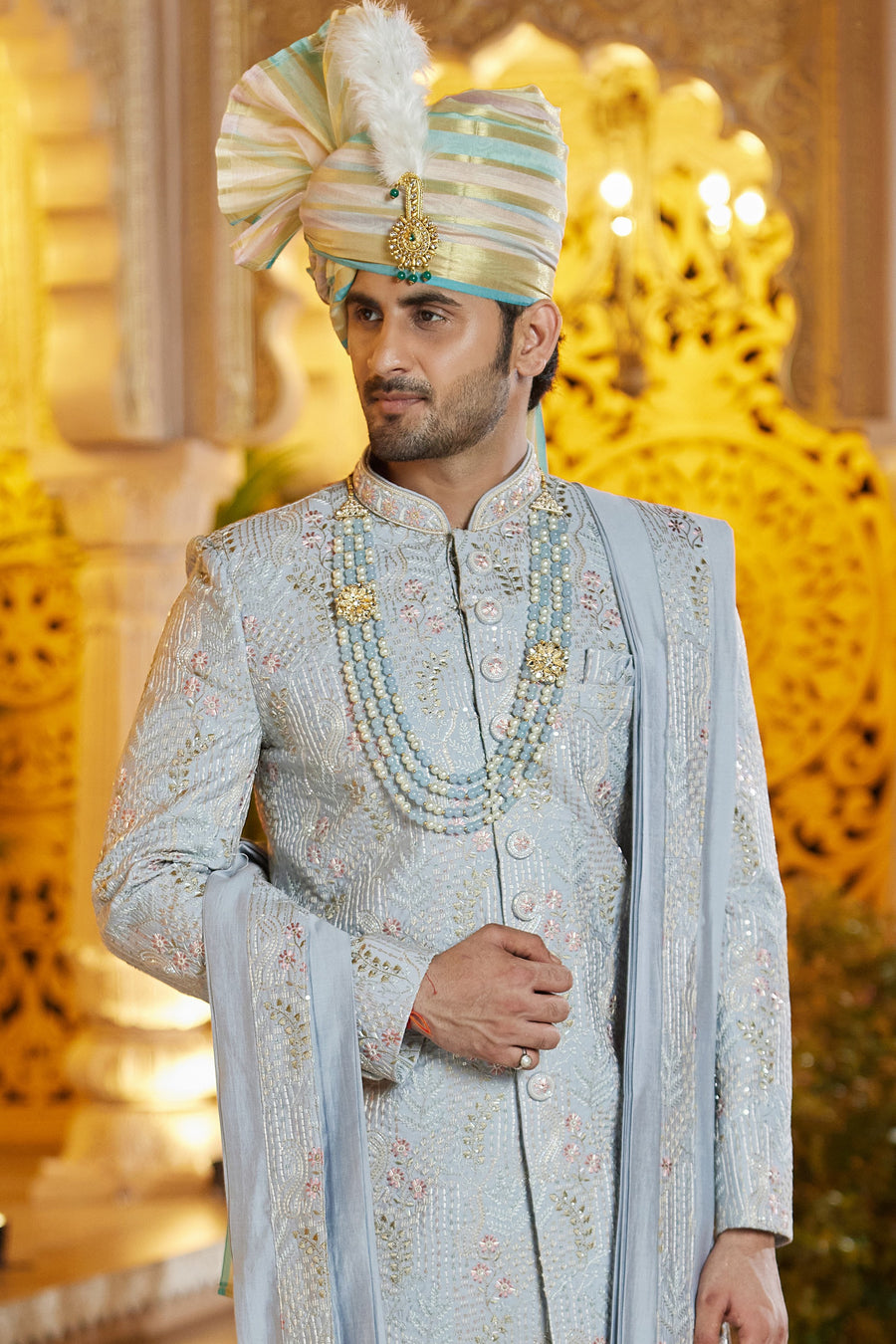 Gray Art Silk Traditional Indo Western Sherwani Long Kurta with Pant & Dupatta for Men for Wedding - Embroidery Work