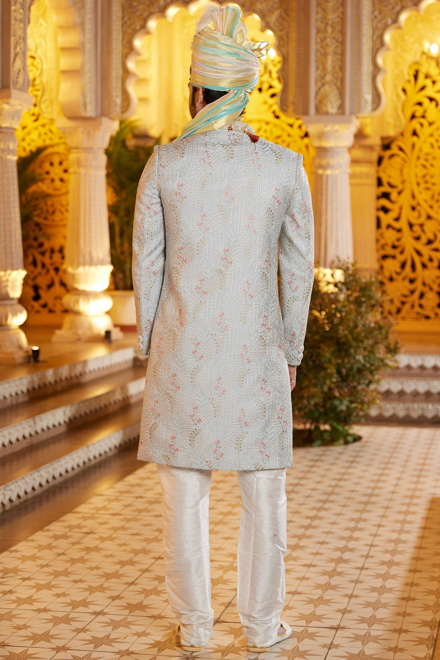 Gray Art Silk Traditional Indo Western Sherwani Long Kurta with Pant & Dupatta for Men for Wedding - Embroidery Work