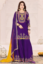 Purple Chinon Silk Palazzo Suit For Indian & Pakistani Wedding Festival - Sequence Embroidery Work, Dori Work, Moti Work