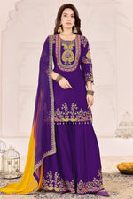 Purple Chinon Silk Palazzo Suit For Indian & Pakistani Wedding Festival - Sequence Embroidery Work, Dori Work, Moti Work