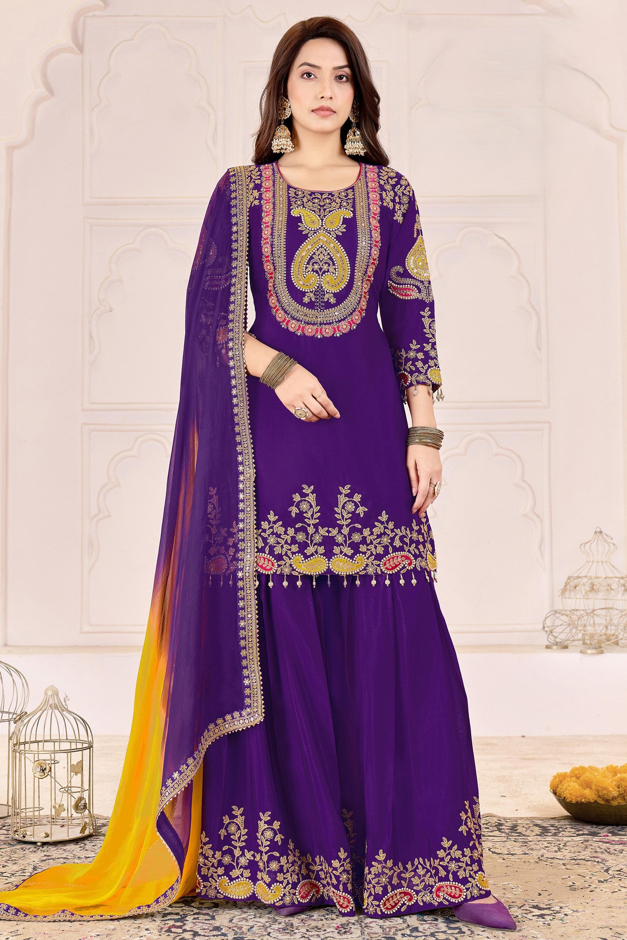 Purple Chinon Silk Palazzo Suit For Indian & Pakistani Wedding Festival - Sequence Embroidery Work, Dori Work, Moti Work