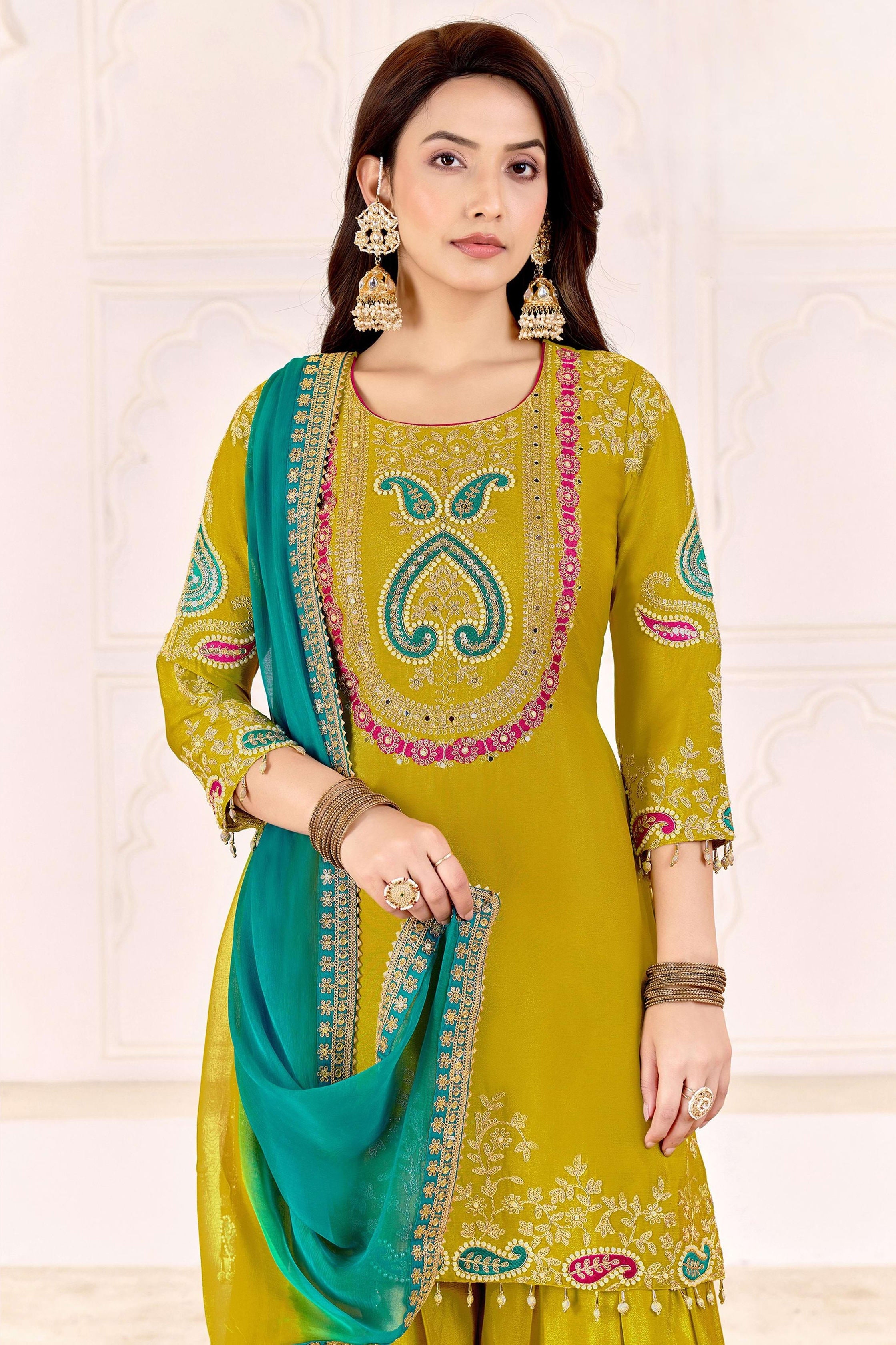 Mustard Yellow Chinon Silk Palazzo Suit For Indian & Pakistani Wedding Festival - Sequence Embroidery Work, Dori Work, Moti Work