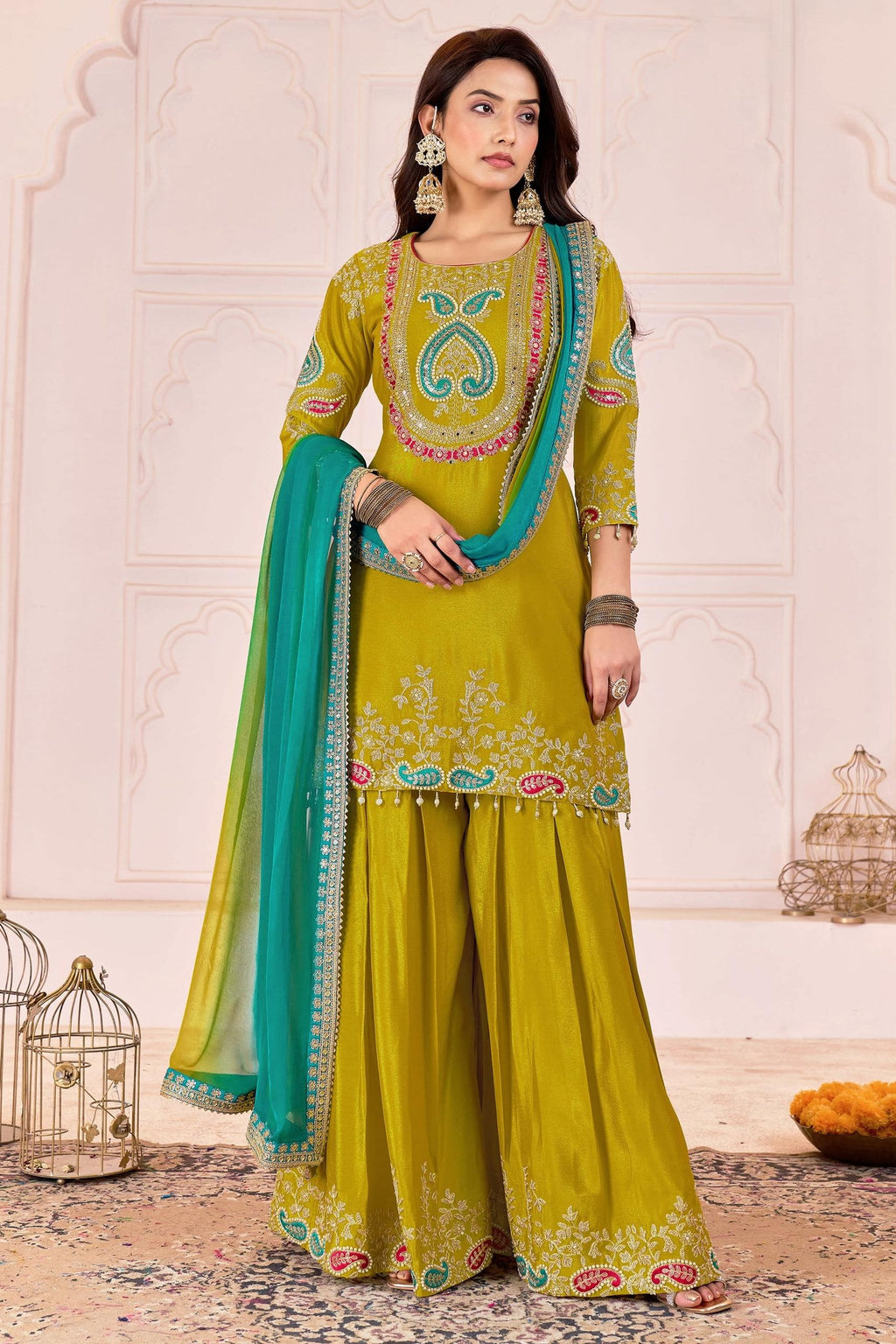 Mustard Yellow Chinon Silk Palazzo Suit For Indian & Pakistani Wedding Festival - Sequence Embroidery Work, Dori Work, Moti Work