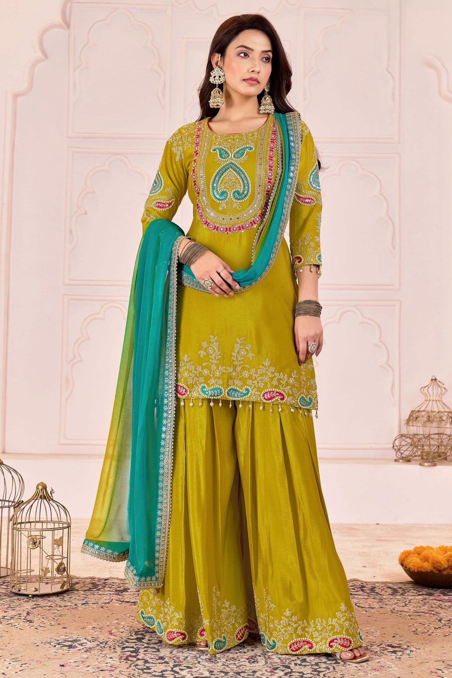 Mustard Yellow Chinon Silk Palazzo Suit For Indian & Pakistani Wedding Festival - Sequence Embroidery Work, Dori Work, Moti Work