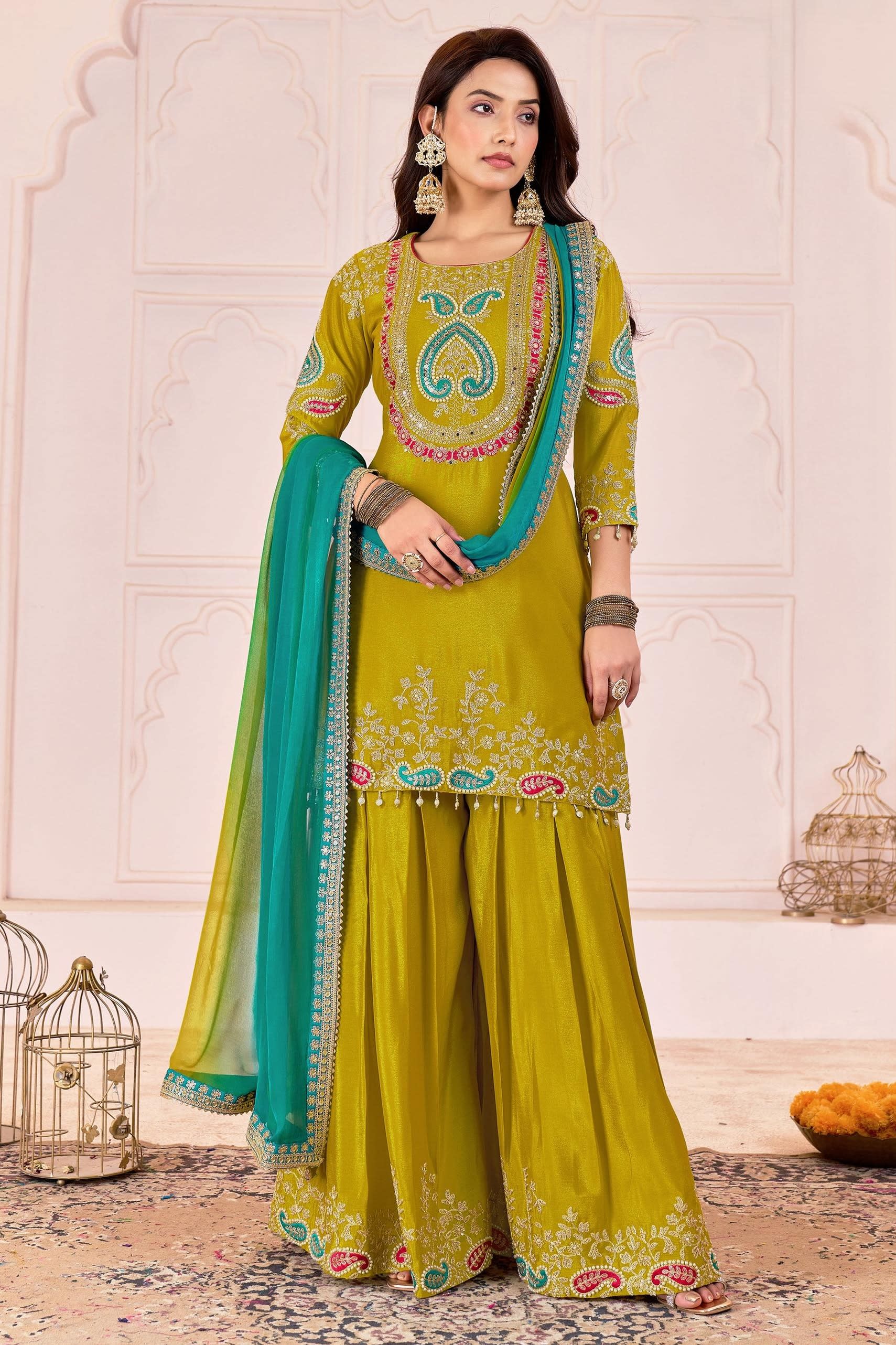 Mustard Yellow Chinon Silk Palazzo Suit For Indian & Pakistani Wedding Festival - Sequence Embroidery Work, Dori Work, Moti Work