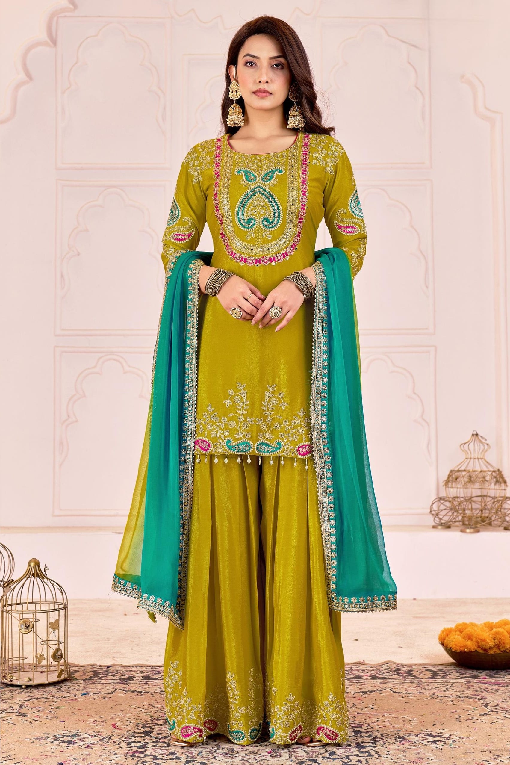 Mustard Yellow Chinon Silk Palazzo Suit For Indian & Pakistani Wedding Festival - Sequence Embroidery Work, Dori Work, Moti Work