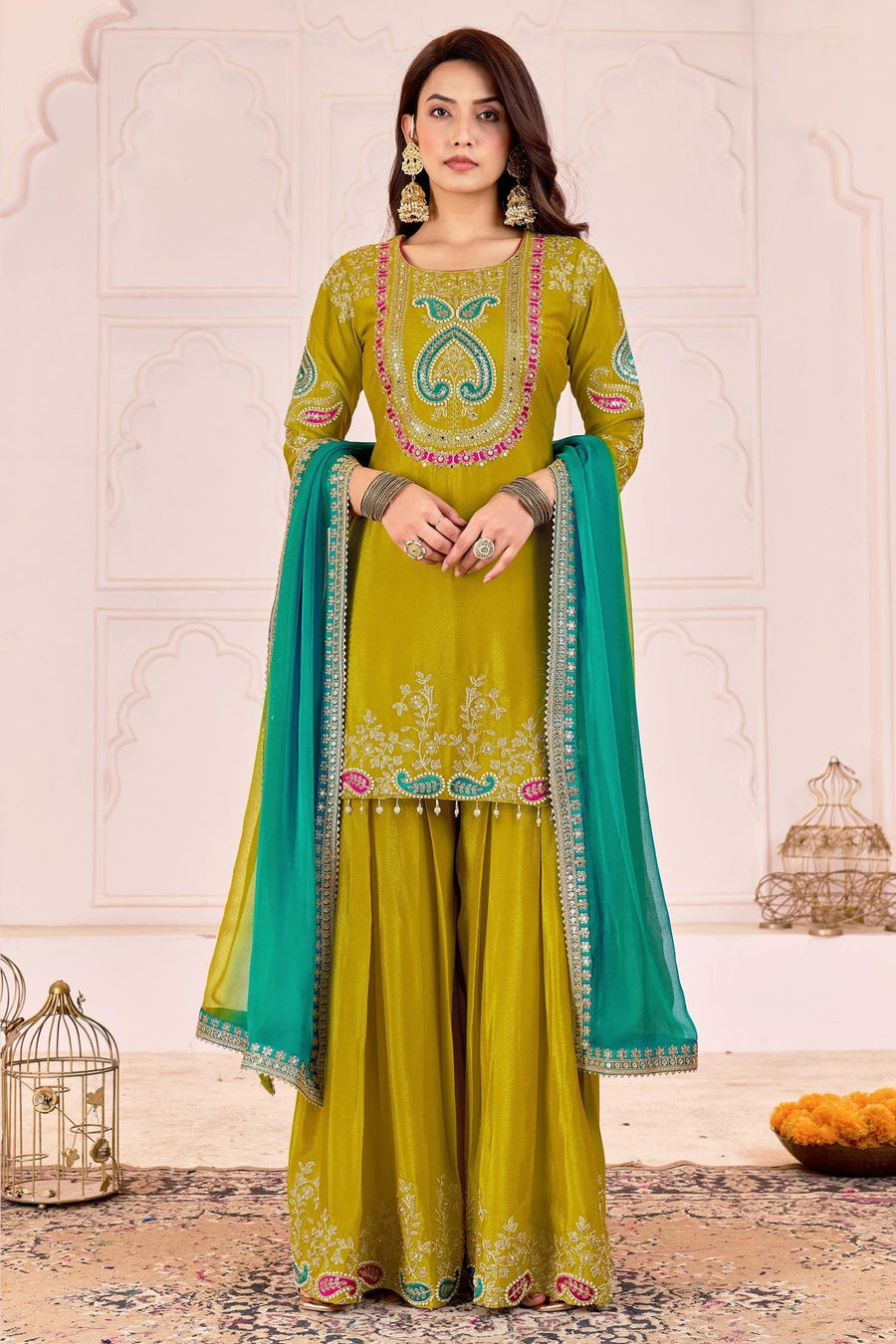 Mustard Yellow Chinon Silk Palazzo Suit For Indian & Pakistani Wedding Festival - Sequence Embroidery Work, Dori Work, Moti Work