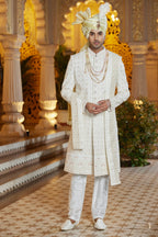 Cream Art Silk Indo Western Traditional Sherwani Long Kurta with Pant & Dupatta for Men for Wedding - Embroidery Work