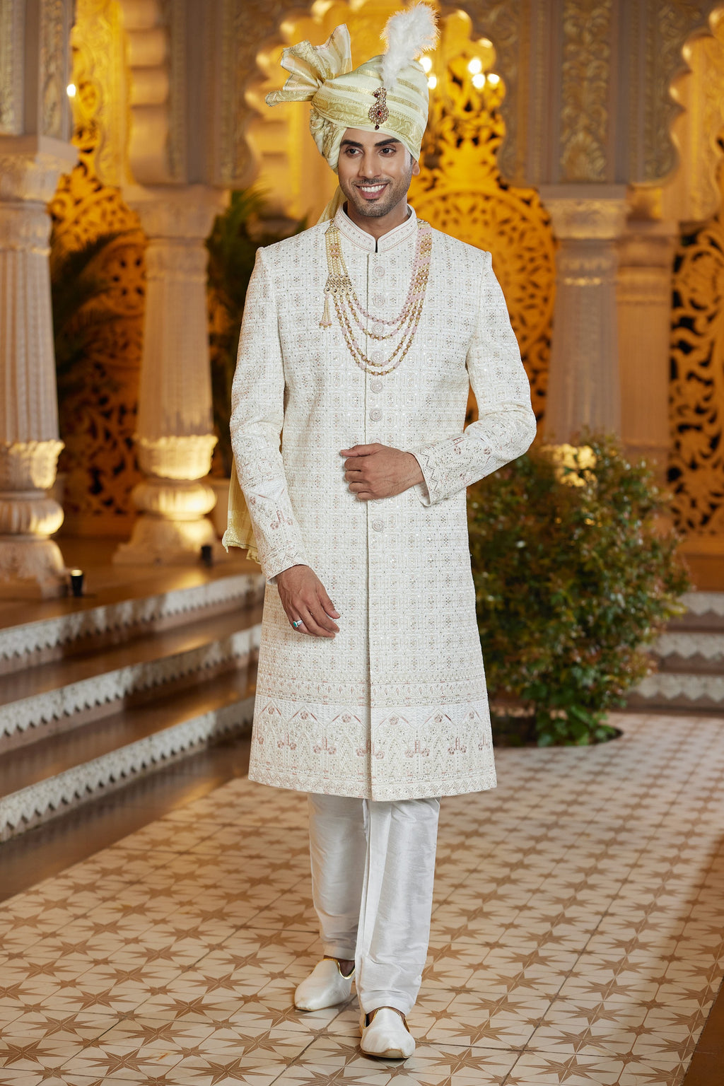 Cream Art Silk Indo Western Traditional Sherwani Long Kurta with Pant & Dupatta for Men for Wedding - Embroidery Work