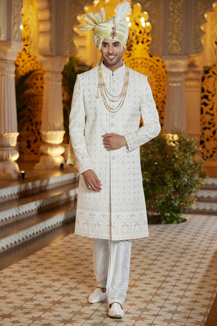 Cream Art Silk Indo Western Traditional Sherwani Long Kurta with Pant & Dupatta for Men for Wedding - Embroidery Work