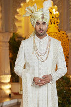 Cream Art Silk Indo Western Traditional Sherwani Long Kurta with Pant & Dupatta for Men for Wedding - Embroidery Work