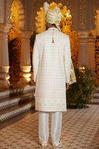 Cream Art Silk Indo Western Traditional Sherwani Long Kurta with Pant & Dupatta for Men for Wedding - Embroidery Work