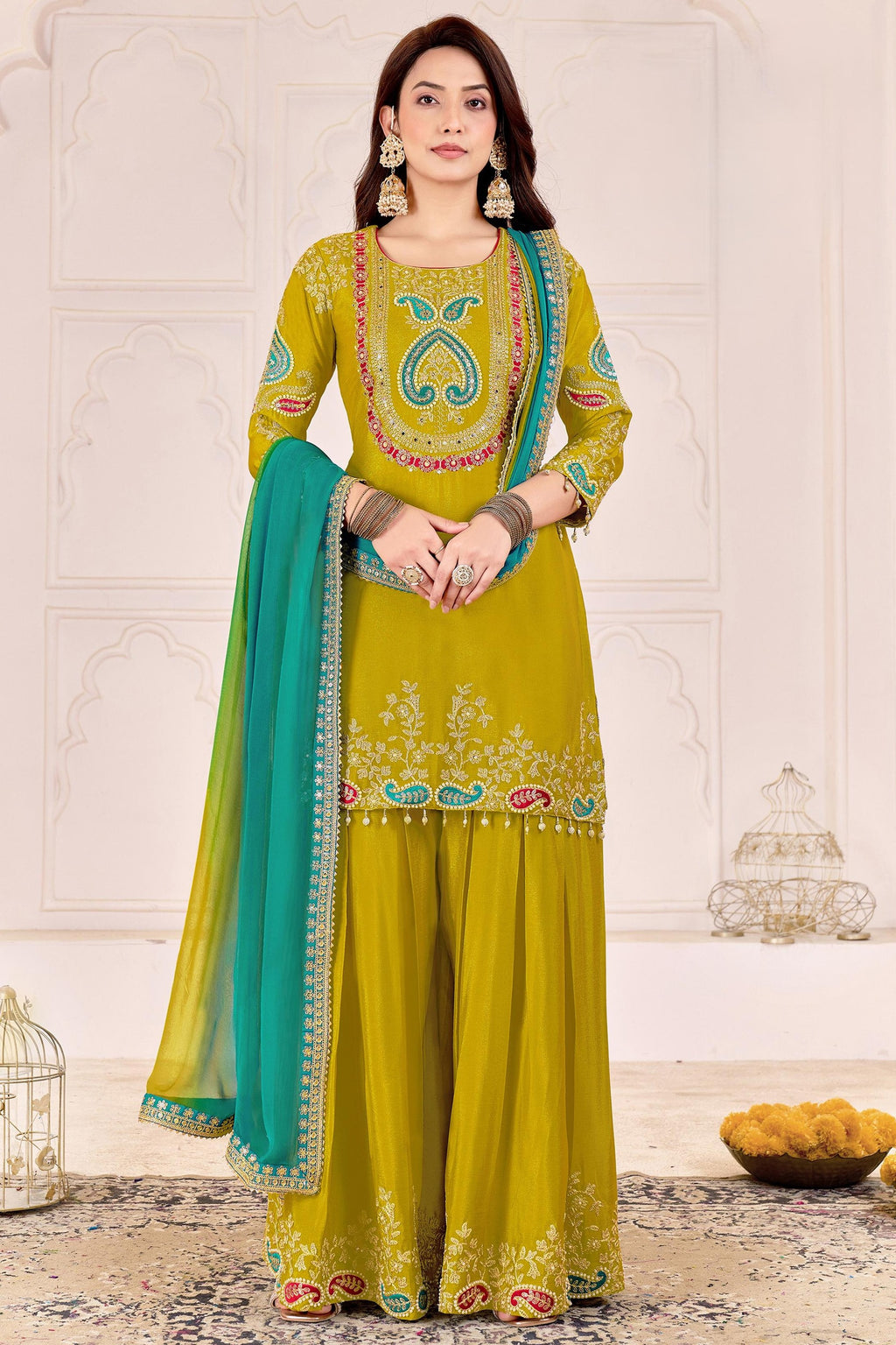 Mustard Yellow Chinon Silk Palazzo Suit For Indian & Pakistani Wedding Festival - Sequence Embroidery Work, Dori Work, Moti Work