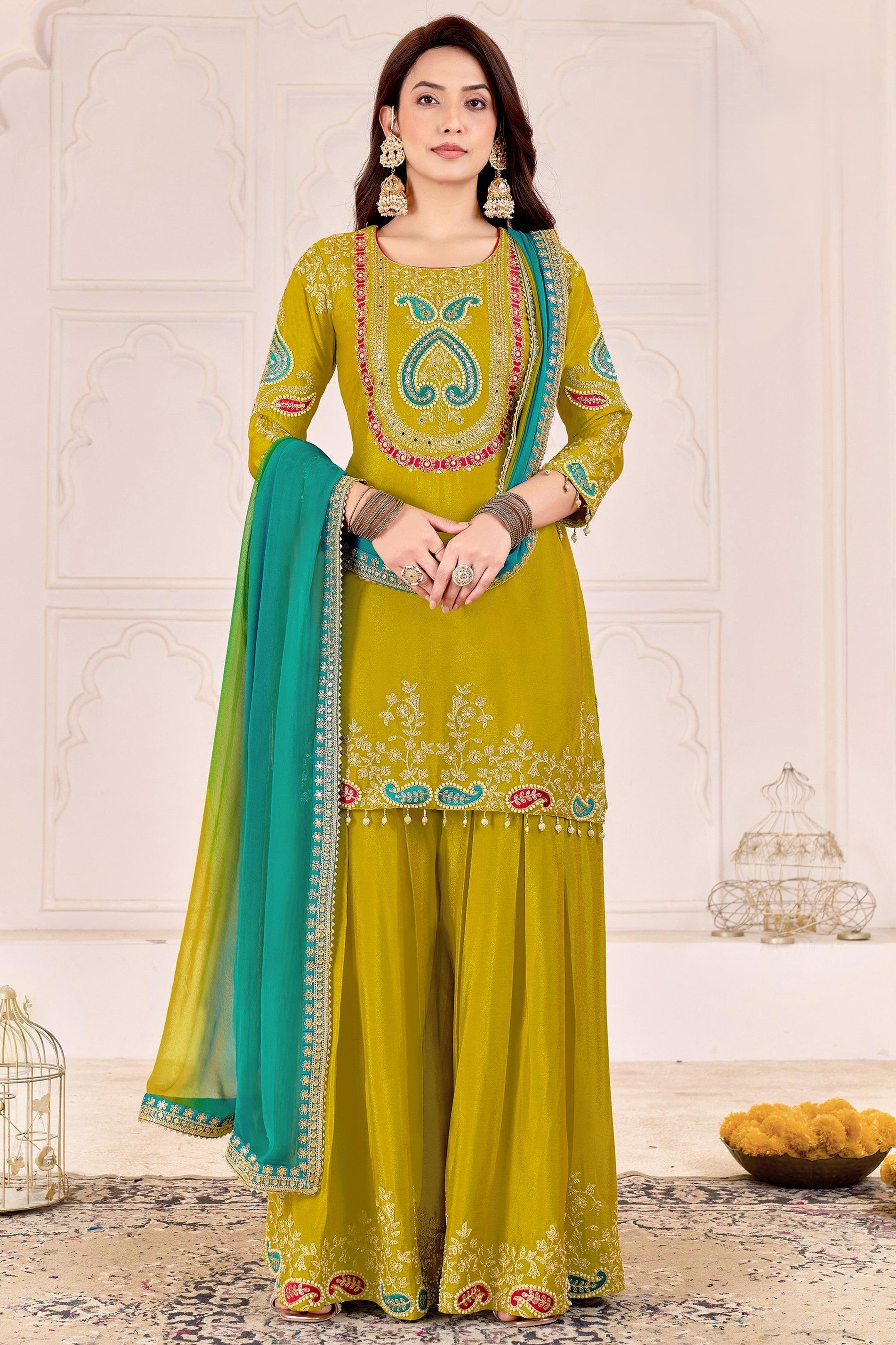 Mustard Yellow Chinon Silk Palazzo Suit For Indian & Pakistani Wedding Festival - Sequence Embroidery Work, Dori Work, Moti Work