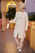 Beige Art Silk Indo Western Traditional Sherwani Long Kurta with Pant & Dupatta for Men for Wedding - Embroidery Work