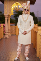 Beige Art Silk Indo Western Traditional Sherwani Long Kurta with Pant & Dupatta for Men for Wedding - Embroidery Work
