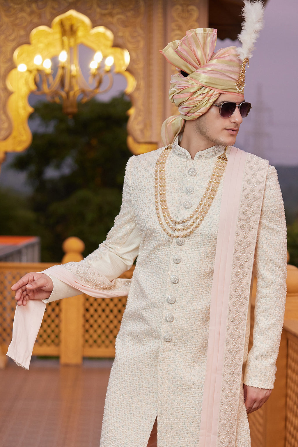 Beige Art Silk Indo Western Traditional Sherwani Long Kurta with Pant & Dupatta for Men for Wedding - Embroidery Work