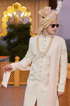 Beige Art Silk Indo Western Traditional Sherwani Long Kurta with Pant & Dupatta for Men for Wedding - Embroidery Work