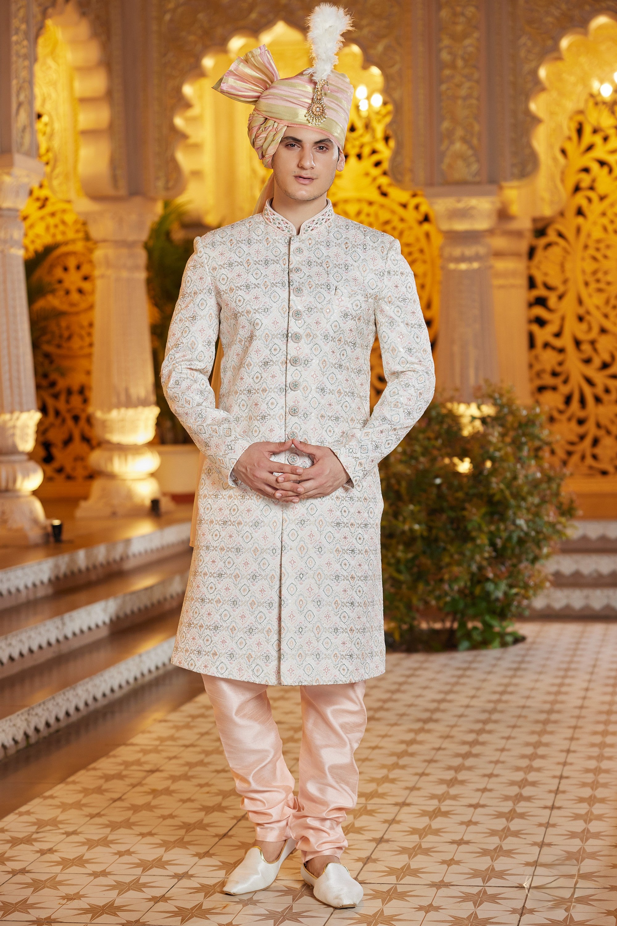 Cream Art Silk Traditional Sherwani Long Kurta & Pant for Men for Wedding - Embroidery Work