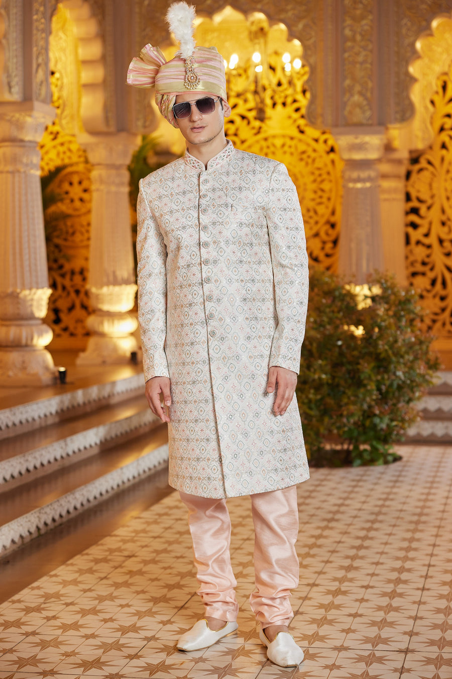 Cream Art Silk Traditional Sherwani Long Kurta & Pant for Men for Wedding - Embroidery Work