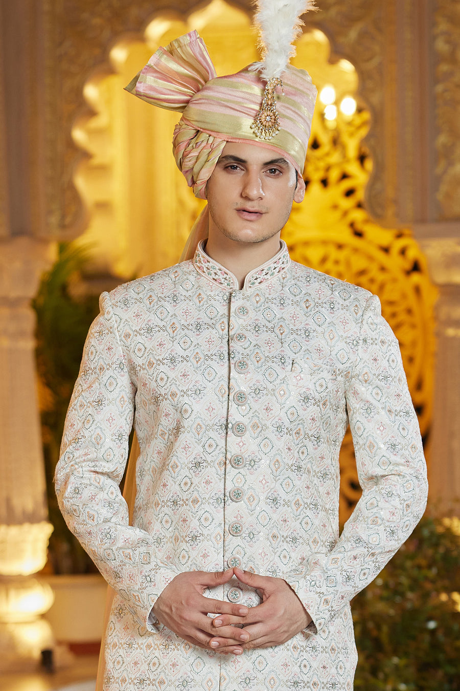 Cream Art Silk Traditional Sherwani Long Kurta & Pant for Men for Wedding - Embroidery Work