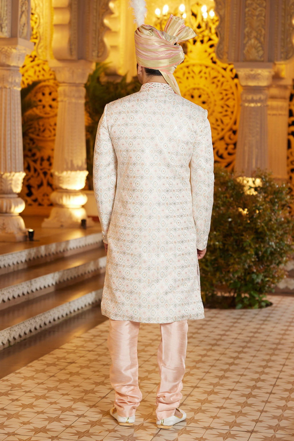 Cream Art Silk Traditional Sherwani Long Kurta & Pant for Men for Wedding - Embroidery Work
