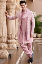 Pink Art Silk Indo Western Suit Long Kurta with Jacket, Pant & Dupatta for Men for Wedding - Thread Embroidery Work