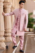 Pink Art Silk Indo Western Suit Long Kurta with Jacket, Pant & Dupatta for Men for Wedding - Thread Embroidery Work