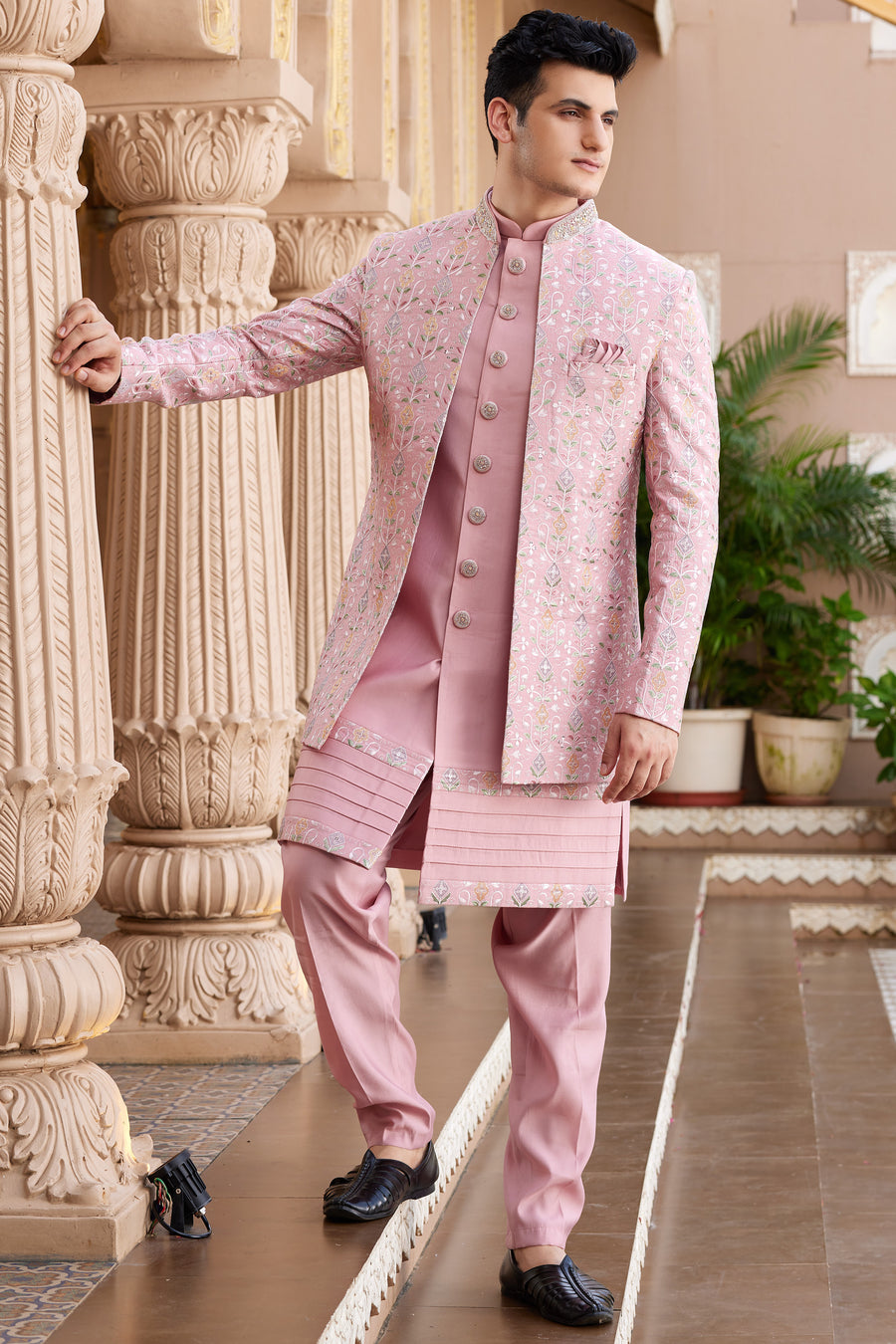 Pink Art Silk Indo Western Suit Long Kurta with Jacket, Pant & Dupatta for Men for Wedding - Thread Embroidery Work