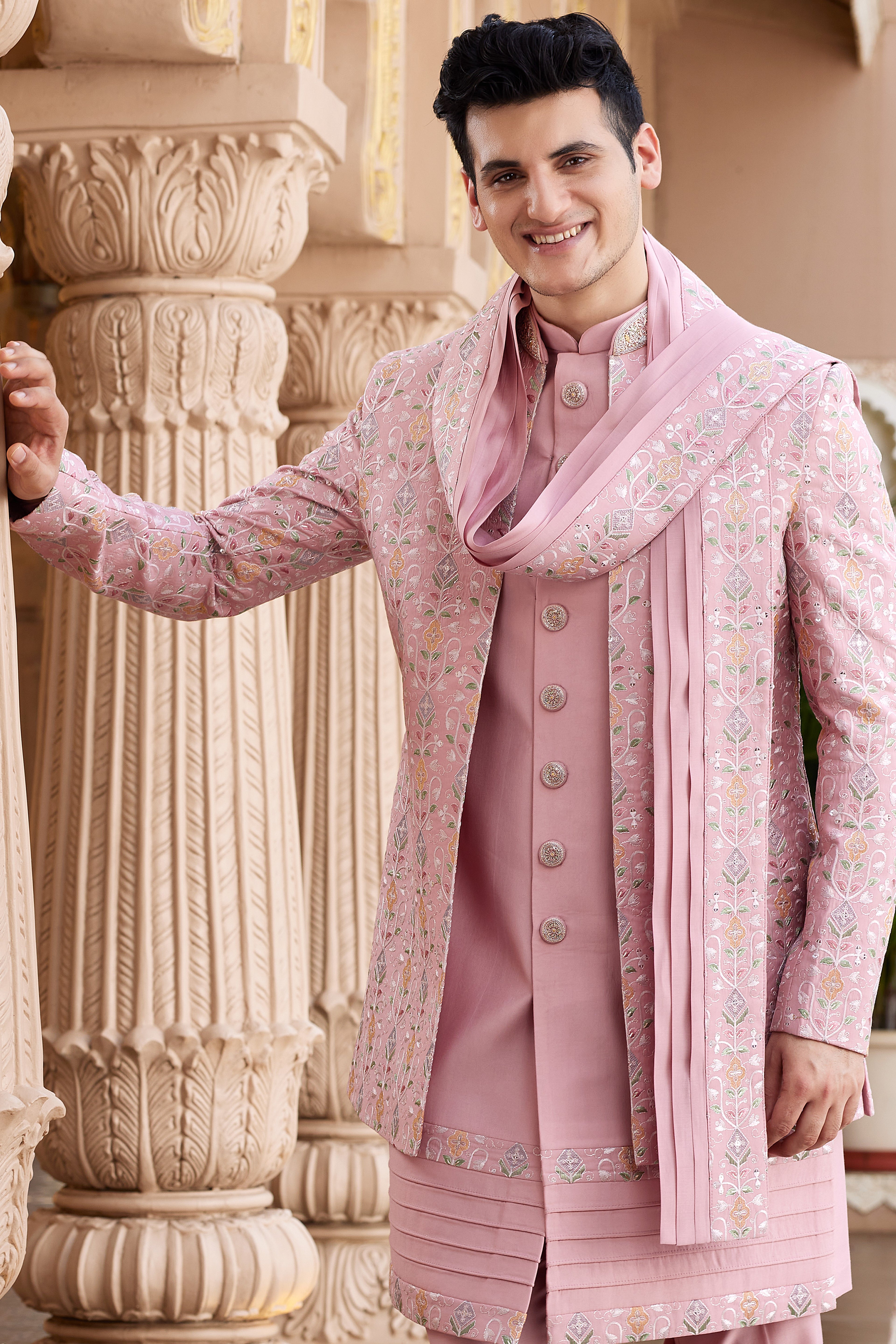 Pink Art Silk Indo Western Suit Long Kurta with Jacket, Pant & Dupatta for Men for Wedding - Thread Embroidery Work