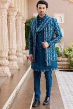 Blue Art Silk Indo Western Suit Long Kurta with Jacket, Pant & Dupatta for Men for Wedding - Thread Embroidery Work